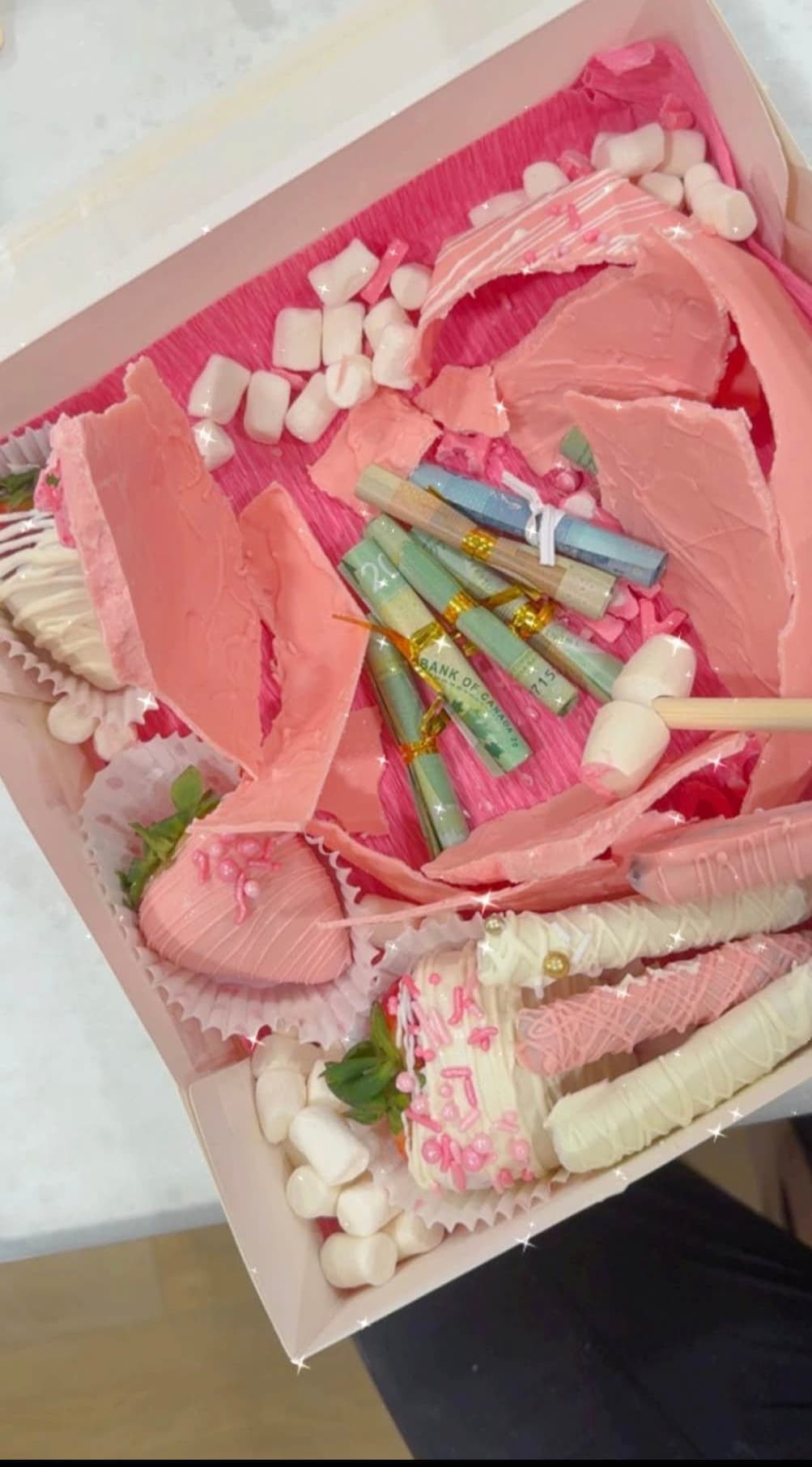 Pink chocolate smash box with shards