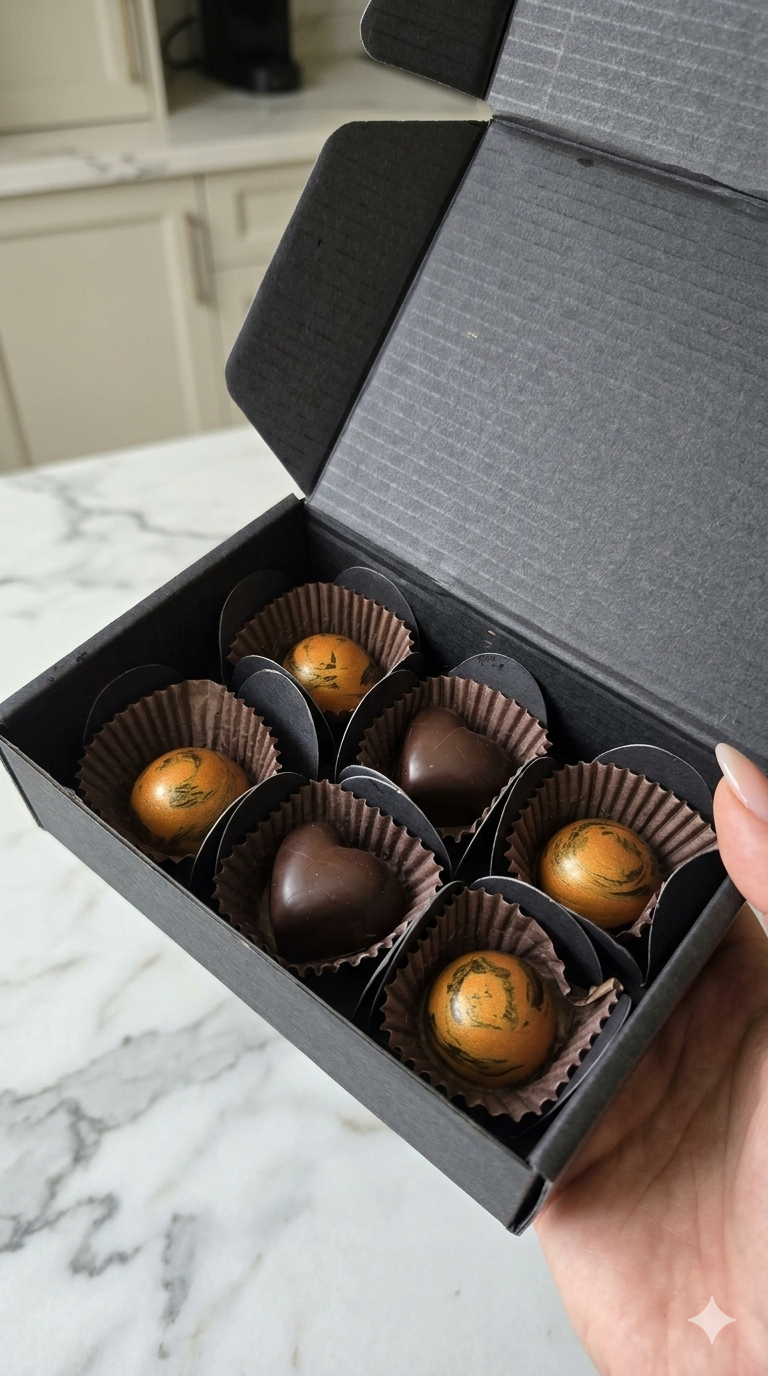 Luxury 6-piece black gift box with gold and dark bonbons