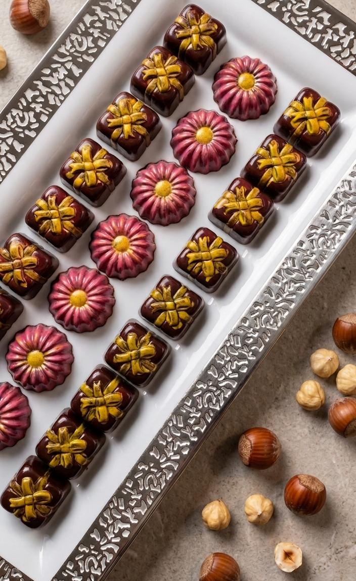 Daisy and gift-box shaped chocolates on a silver tray