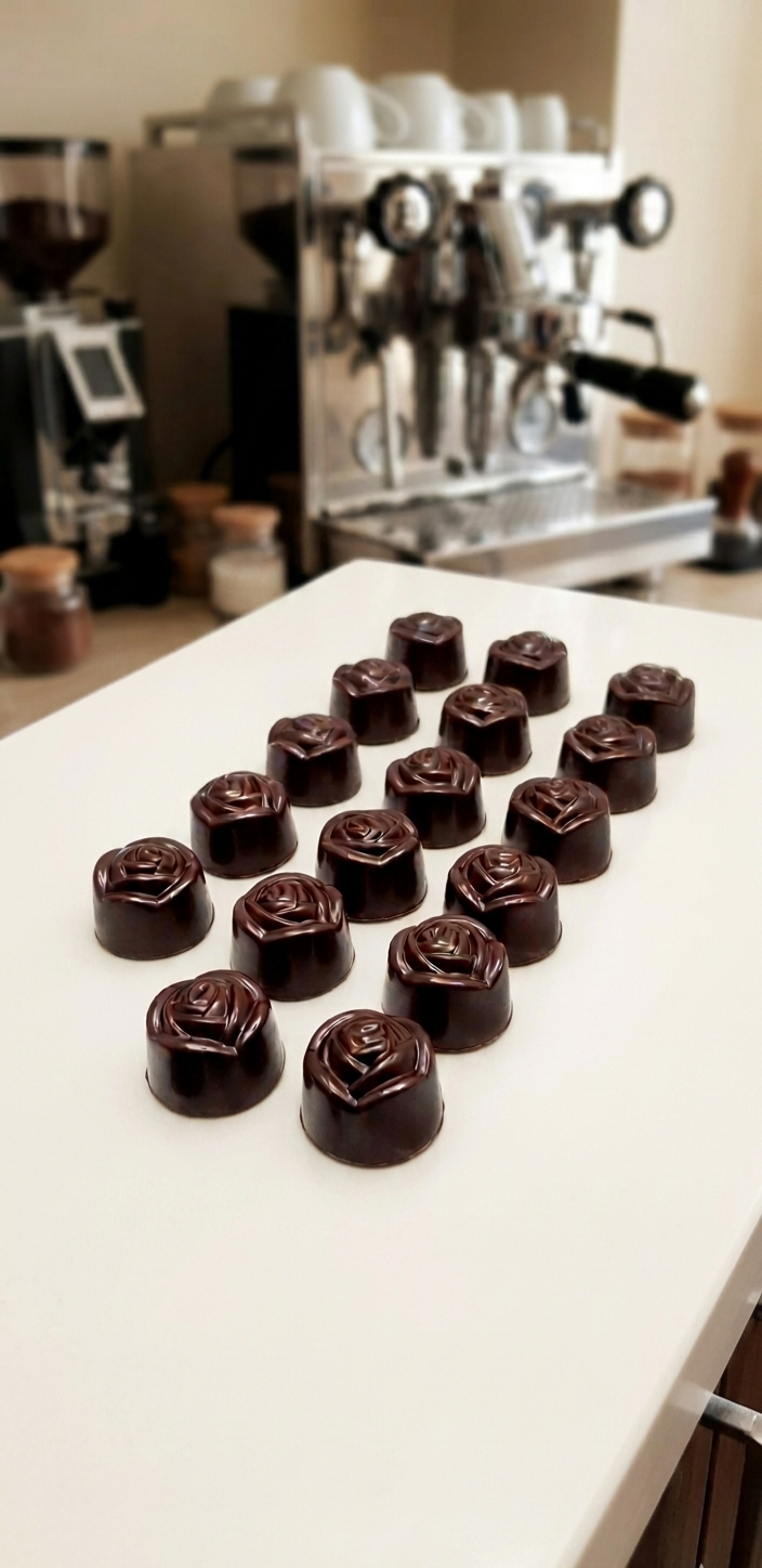 Dark chocolate rose truffles arranged in rows