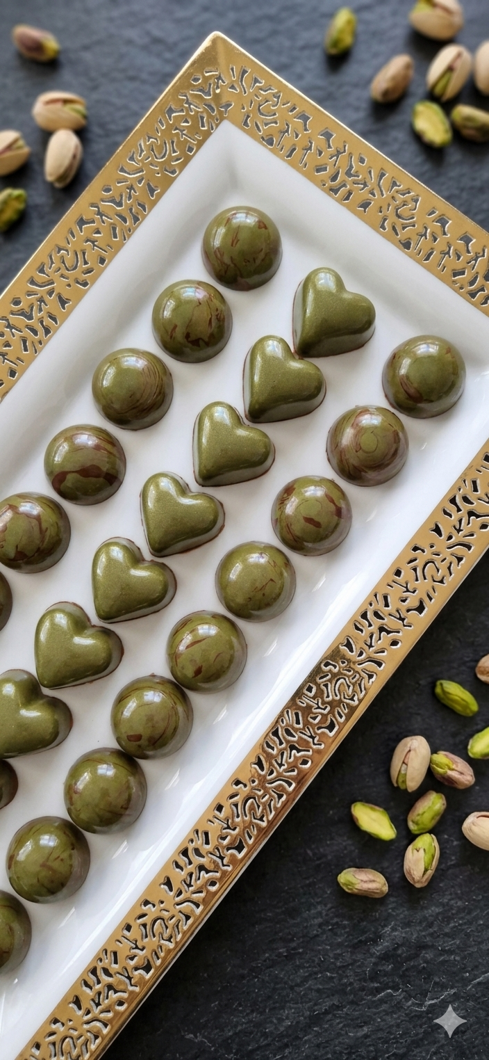 Matcha pistachio hearts and rounds on a gold tray