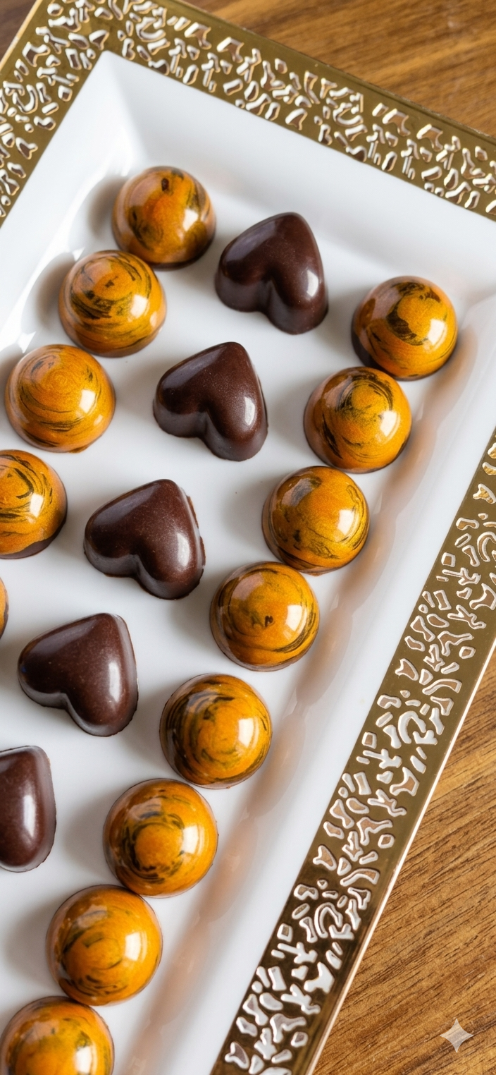 Tiger-striped orange spheres and dark hearts on a gold tray