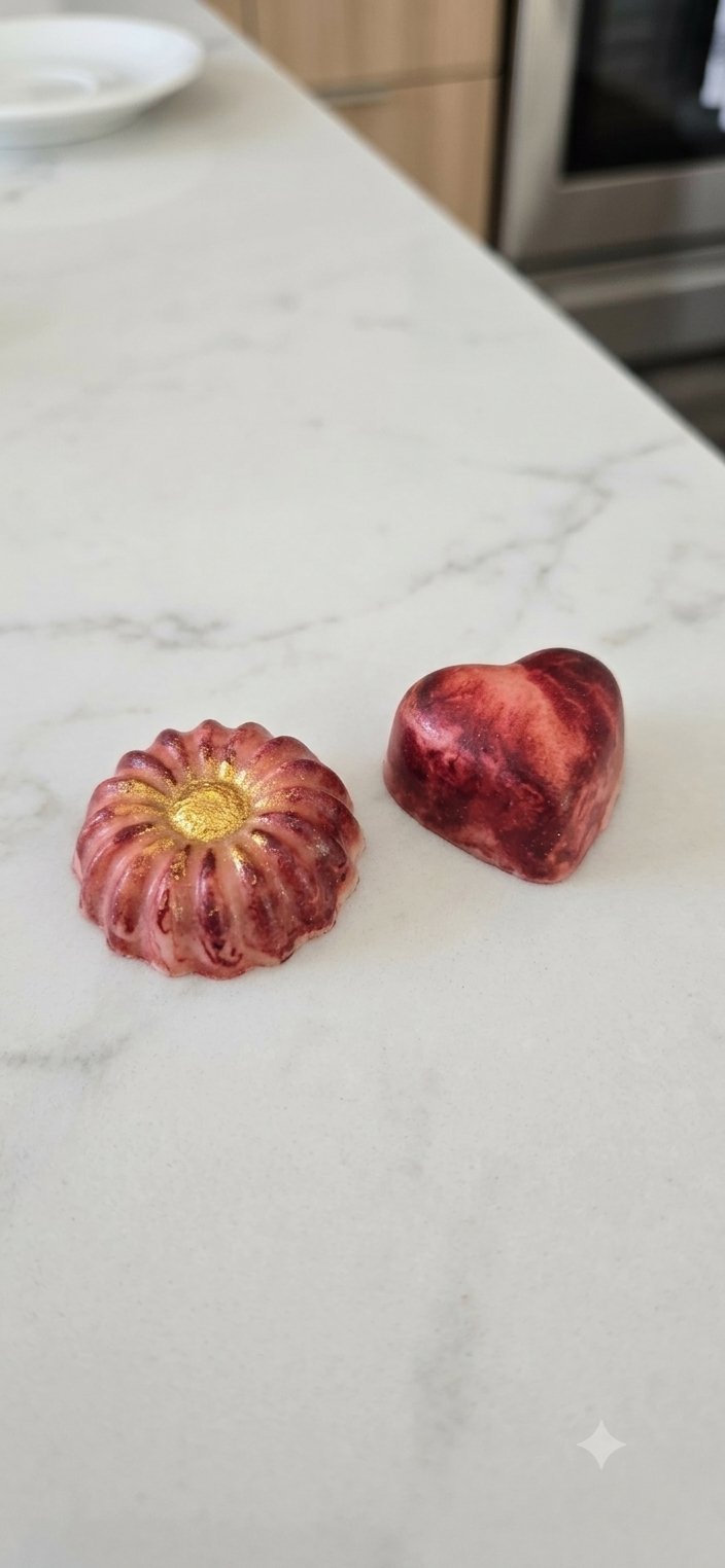Red flower and heart bonbons on marble