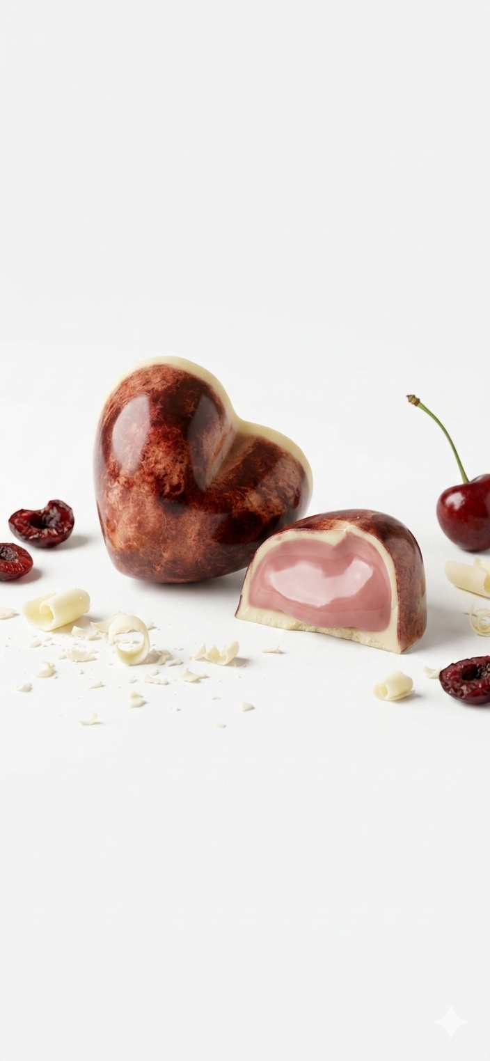 Cherry-filled white chocolate heart bonbon, cross-section