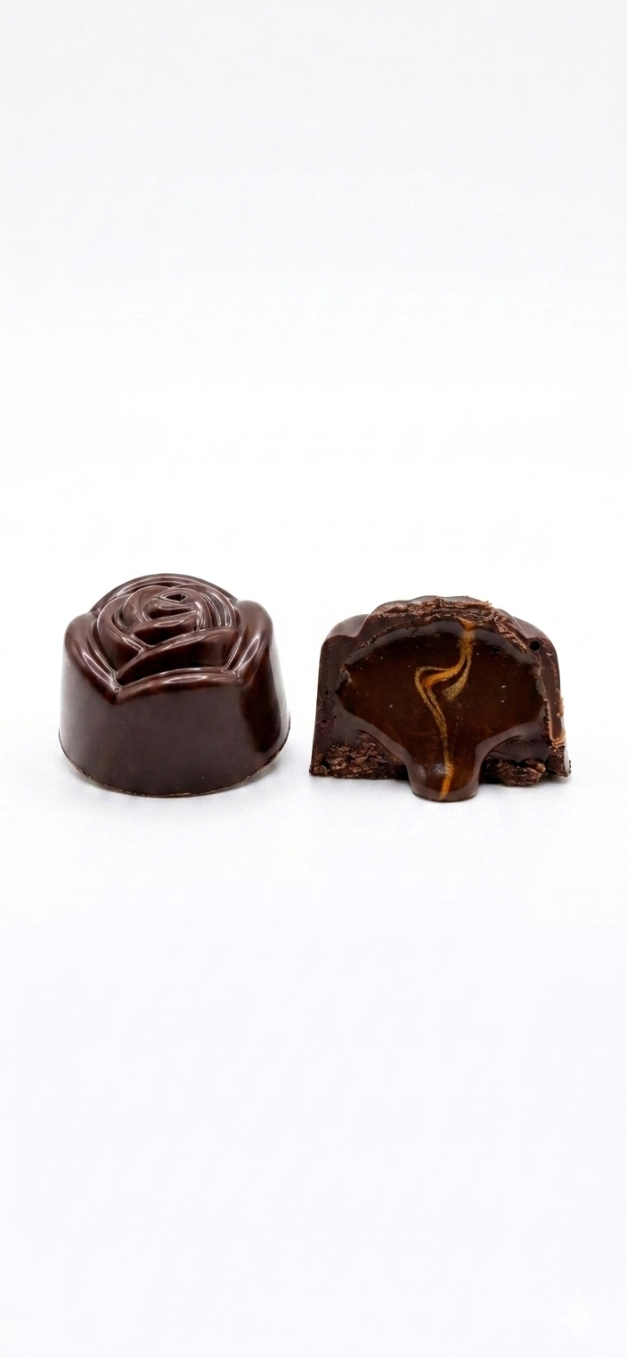 Rose-shaped truffle with salted caramel filling, cross-section